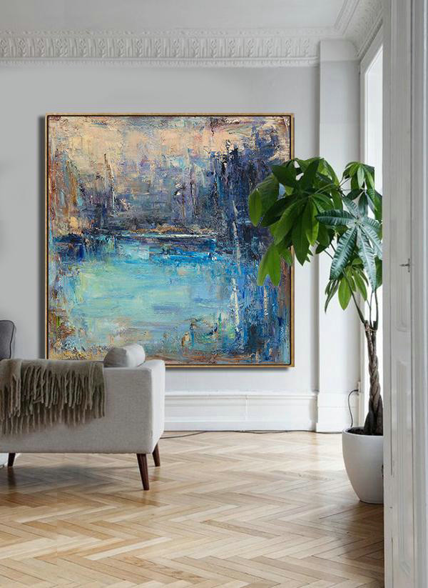 Large Abstract Art,Abstract Landscape Oil Painting,Handmade Acrylic Painting Yellow.Blue,Purple